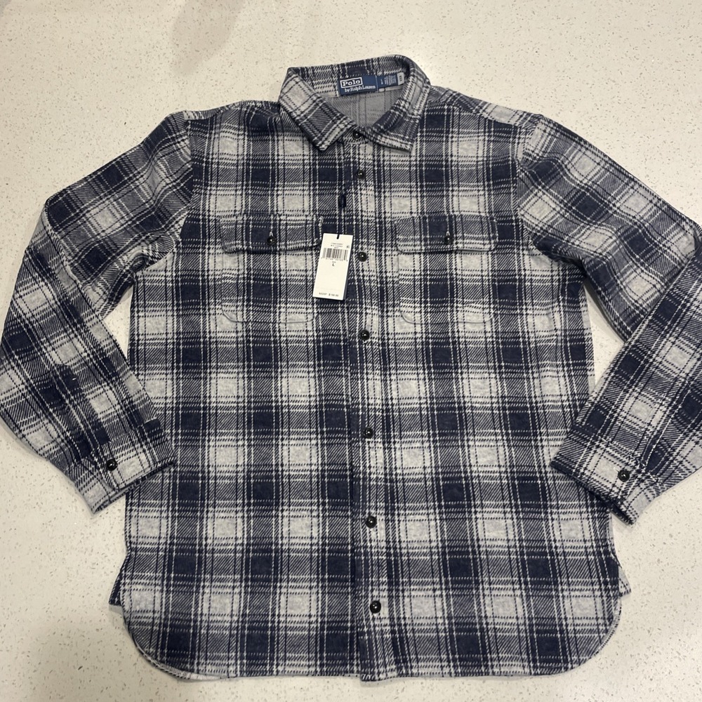 Polo Ralph Lauren Classic Fit Plaid‎ Flannel Workshirt, Navy Large $198 NWT